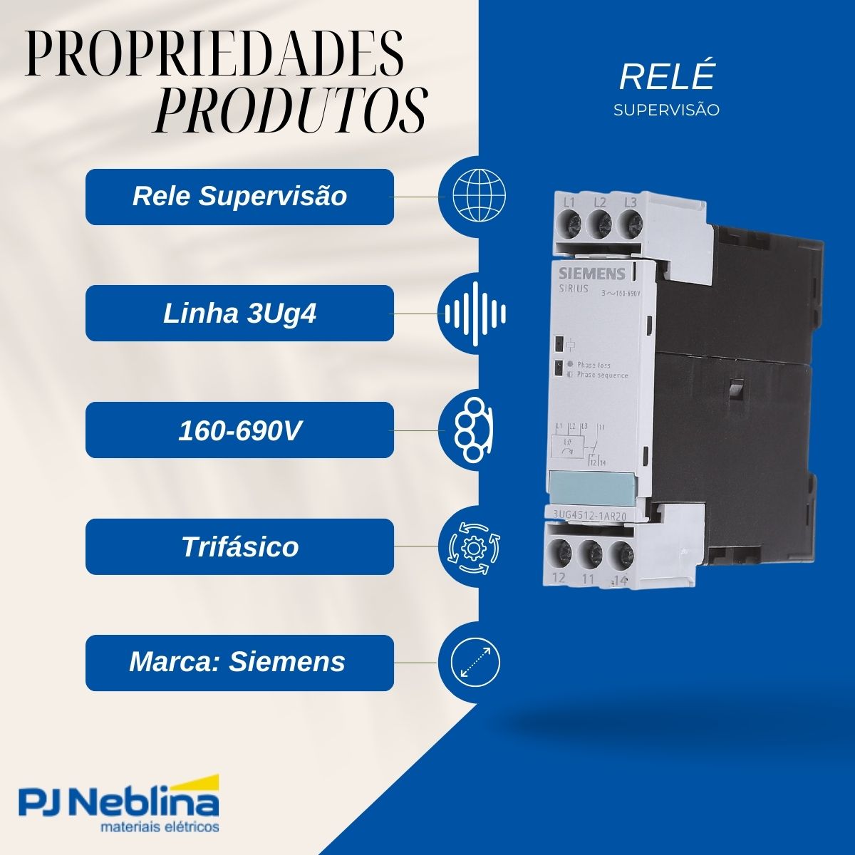 Rele Supervisão Trifásico Monitor Falta Seq Fase 160-690V 1Rev (Spdt) Conexão Eletr Parafuso - Siemens