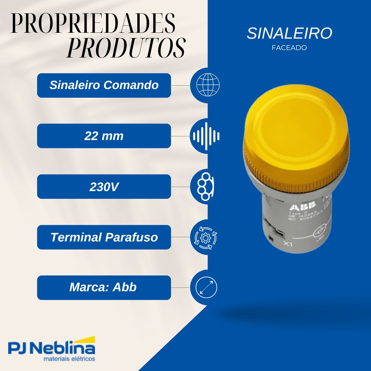 Sinaleiro Monobloco Faceado Redondo 22 mm 230V Plástico Cinza Ip20/Ip66/Ip67/Ip69K - Abb