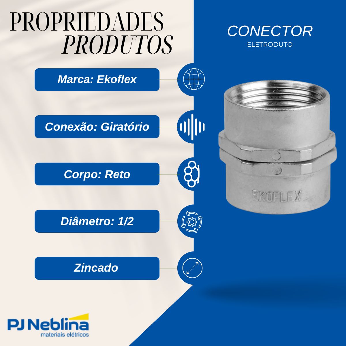 Conector Eletroduto Femea Zamak Zincado 1/2 Bsp Reto Giratório - Ekoflex
