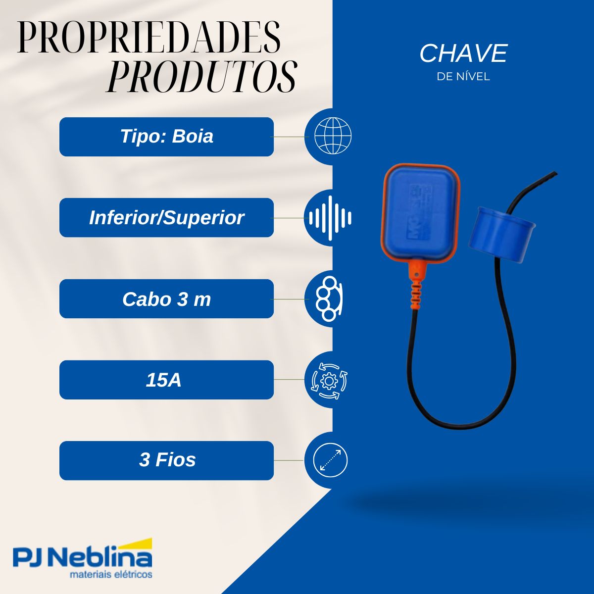 Chave Nível Boia Az/Lr Inferior/Superior 1 Rev 15A Cabo 3 m - Margirius