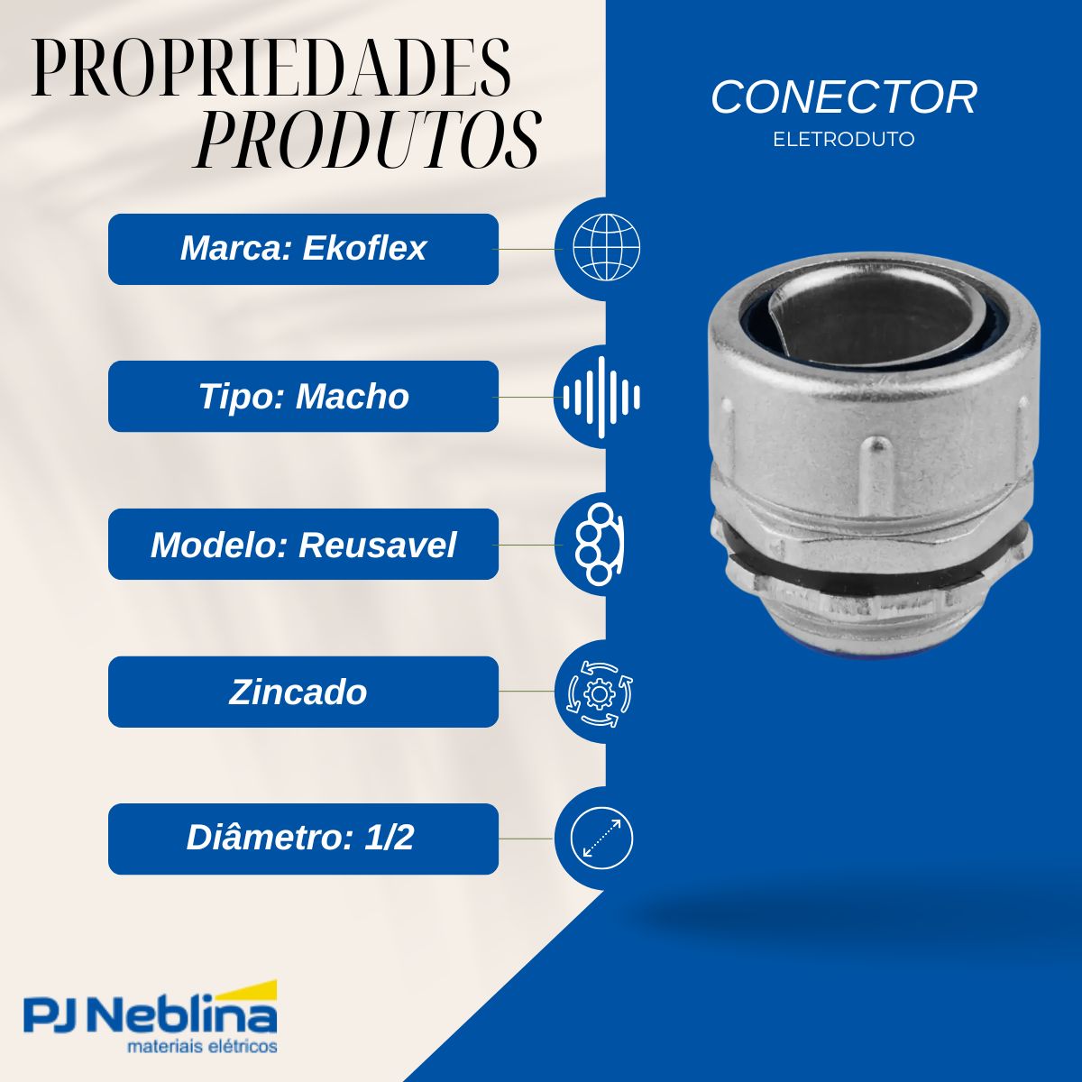 Conector Eletroduto Macho Reusavel Zamak Zincado 1/2 Bsp Reto Fixo - Ekoflex