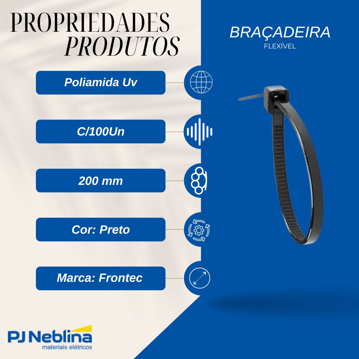 Braçadeira Flexível Poliamida Uv 200X4,8Mm Pt C/100Un - Frontec