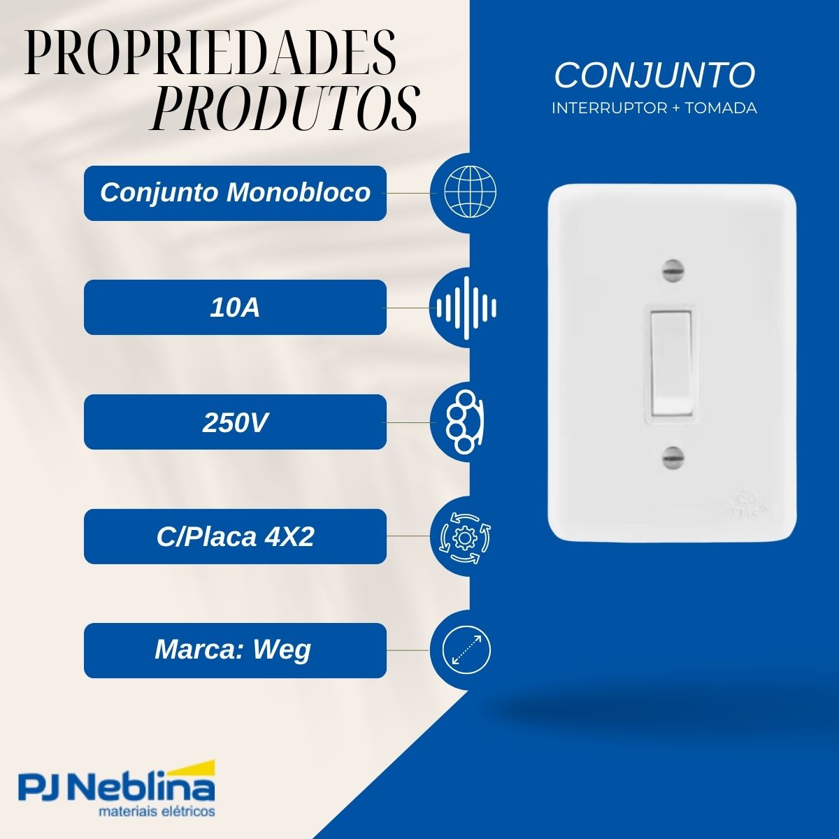 Conjunto 1 Interruptor Paralelo Vertical 10A 250V C/Placa 4X2 Branco Klin - Weg