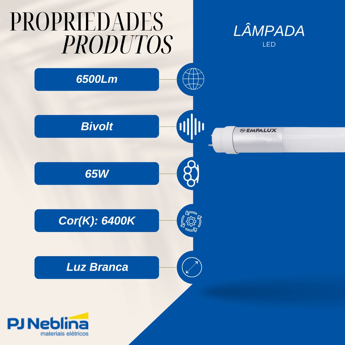 Lâmpada Led Tubular Ho T8 65W Bivolt G13 6400K Branco Frio Luz Branca 6500Lm 2400Mm Vidro - Empalux