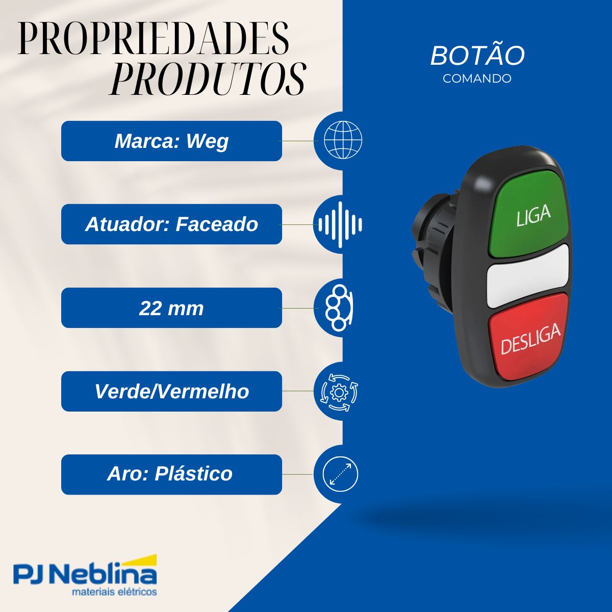 Botão Comando Duplo Pulsador Faceado Iluminado Redondo 22 mm Plástico Verde/Vermelho (Liga/Desliga) - Weg