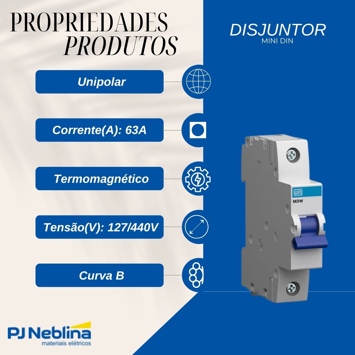 Disjuntor Mini Din Unipolar 63A Curva B Termomagnético 5Ka 230/400V 50/60Hz Mdw Weg