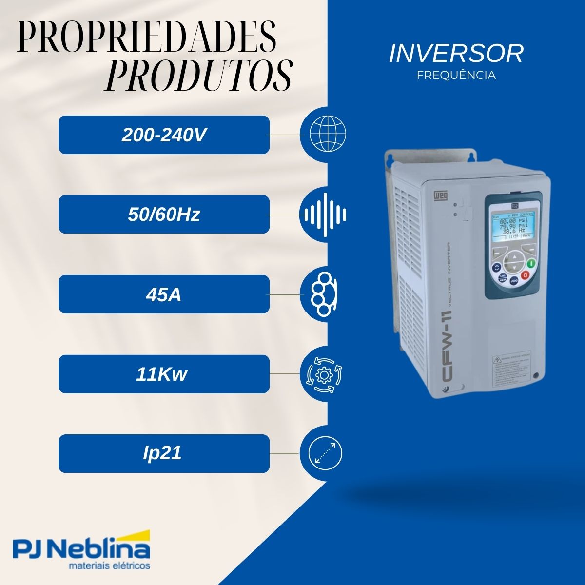 Inversor Frequência Trifásico 200-240V 50/60Hz 45A 11Kw - Weg