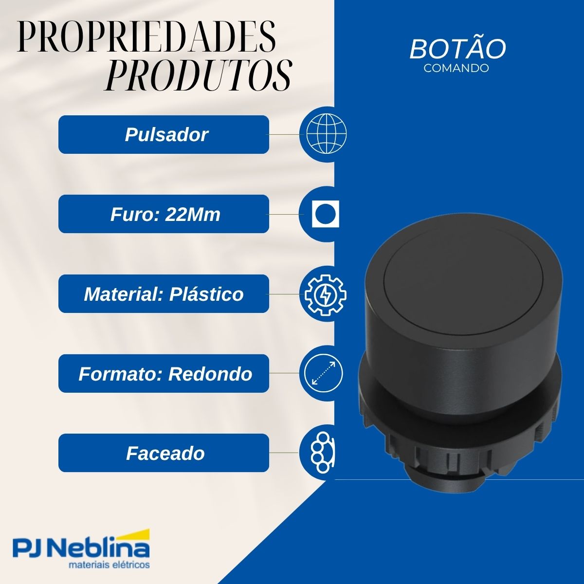 Botão Comando Pulsador Faceado Redondo 22Mm Plástico Preto - Weg