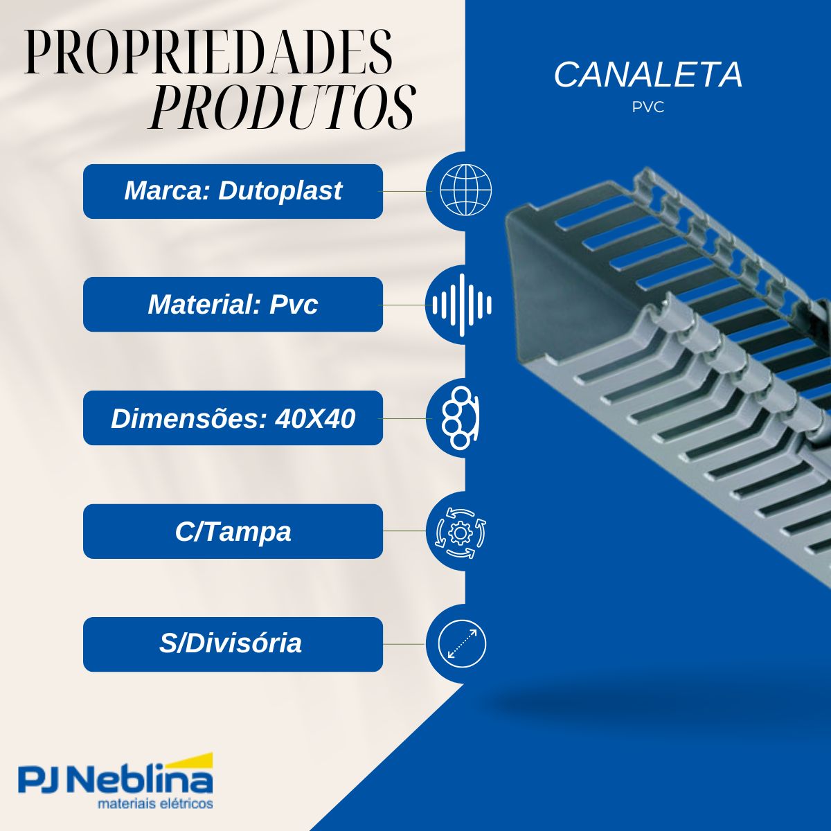 Canaleta Pvc Rec Aberto 40x40 (br C/2m) Cz C/tampa S/divisor