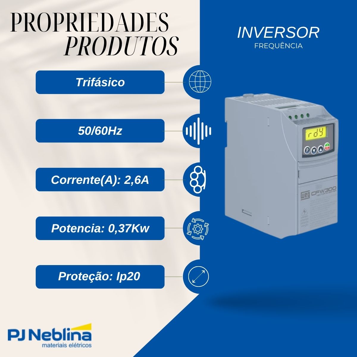 Inversor Frequência Trifásico 200-240V 50/60Hz 2,6A 0,37Kw - Weg