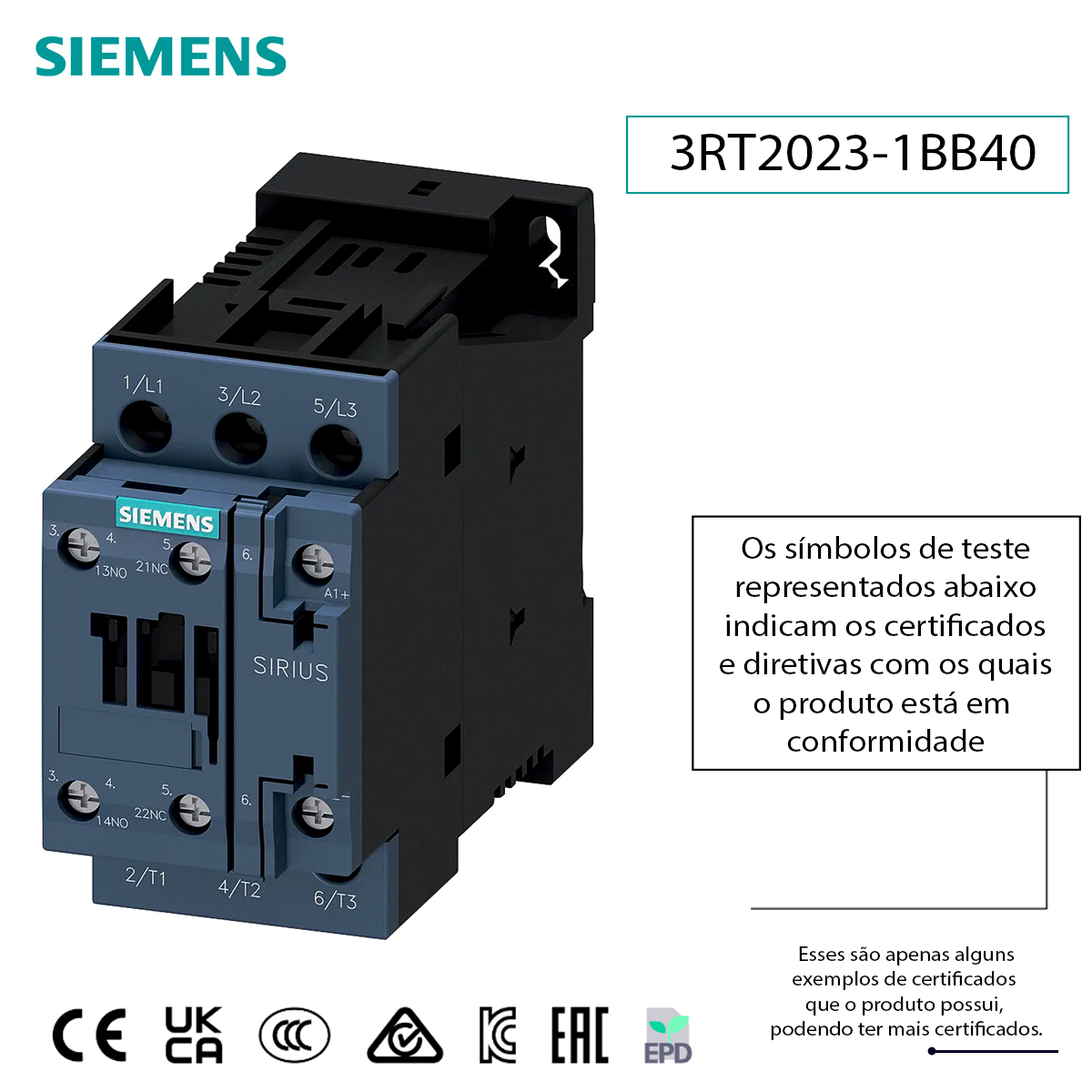 Contator Potência Tripolar 9A 24Vcc 1Na+1Nf 3RT20231BB40 Siemens