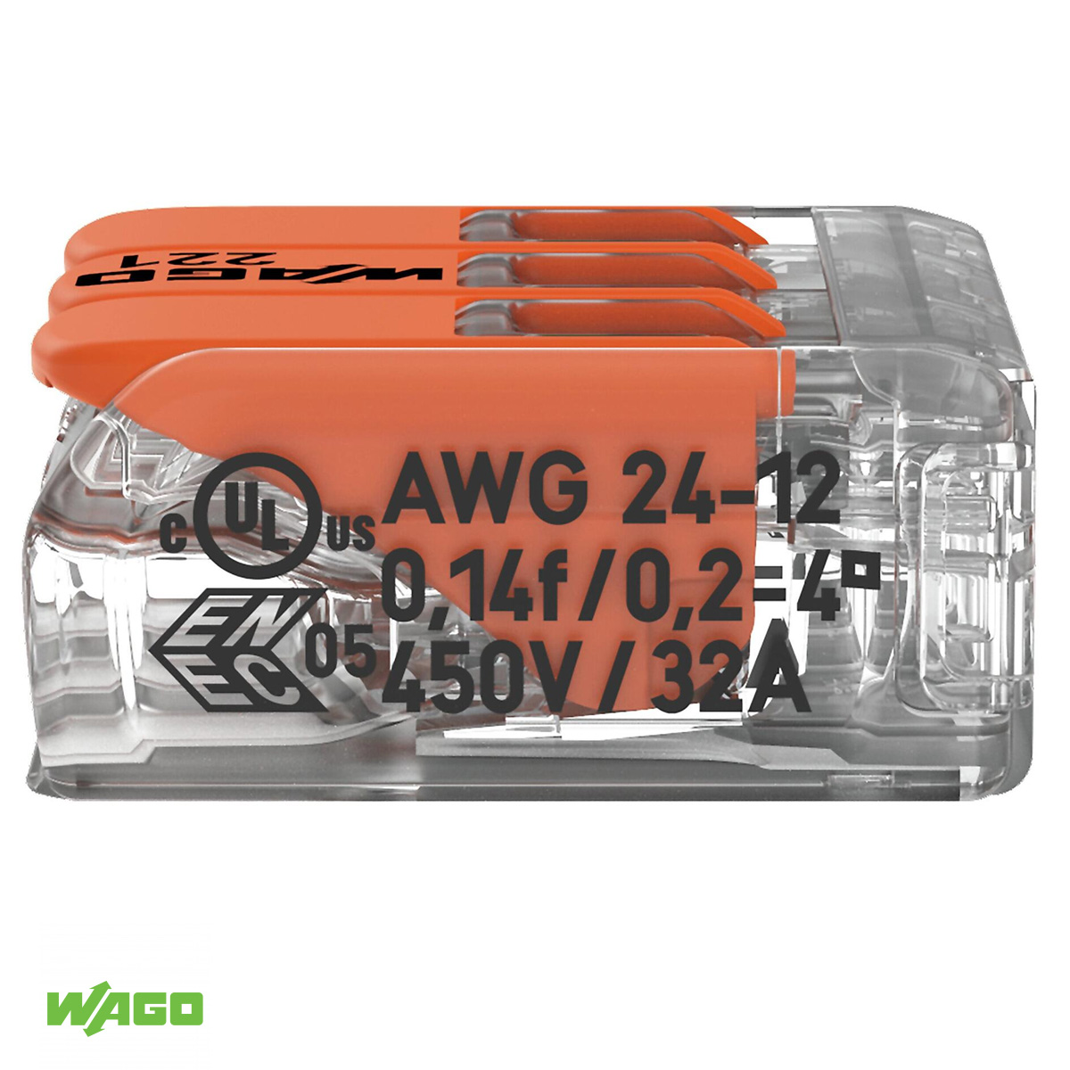 Conector Elétrico Emenda Rápido Poliamida Laranja/Transparente 3 Polos 4,00Mm 221-413 - Wago