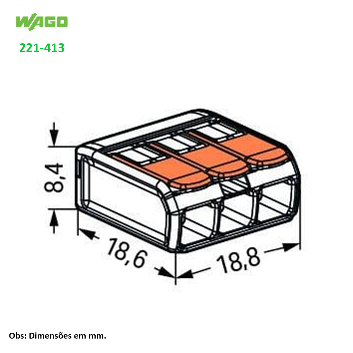 Conector Elétrico Emenda Rápido Poliamida Laranja/Transparente 3 Polos 4,00Mm 221-413 - Wago
