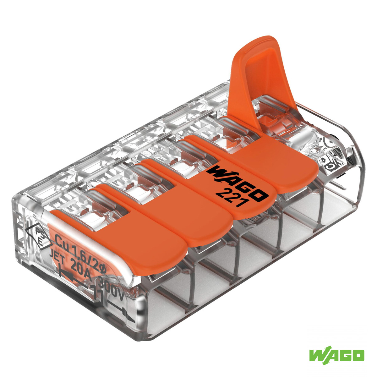 Conector Elétrico Emenda Rápido Poliamida Laranja/Transparente 5 Polos 4,00Mm 221-415 - Wago