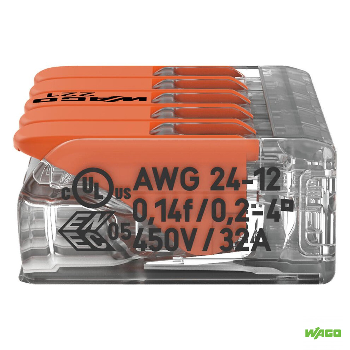 Conector Elétrico Emenda Rápido Poliamida Laranja/Transparente 5 Polos 4,00Mm 221-415 - Wago