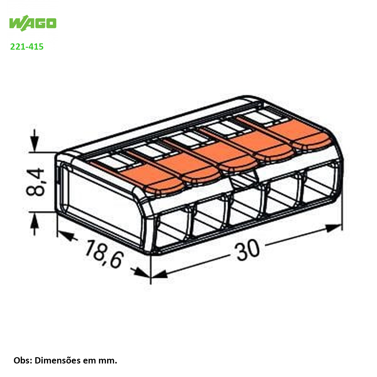 Conector Elétrico Emenda Rápido Poliamida Laranja/Transparente 5 Polos 4,00Mm 221-415 - Wago