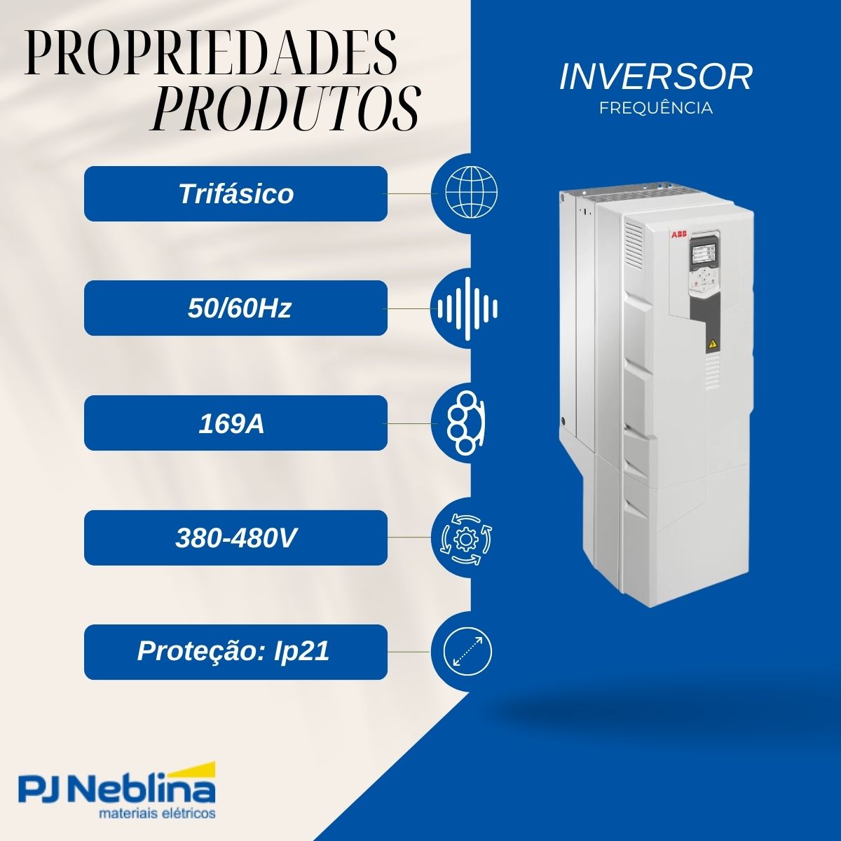 Inversor Frequência Trifásico 380-480V 50/60Hz 169A 90Kw - Abb