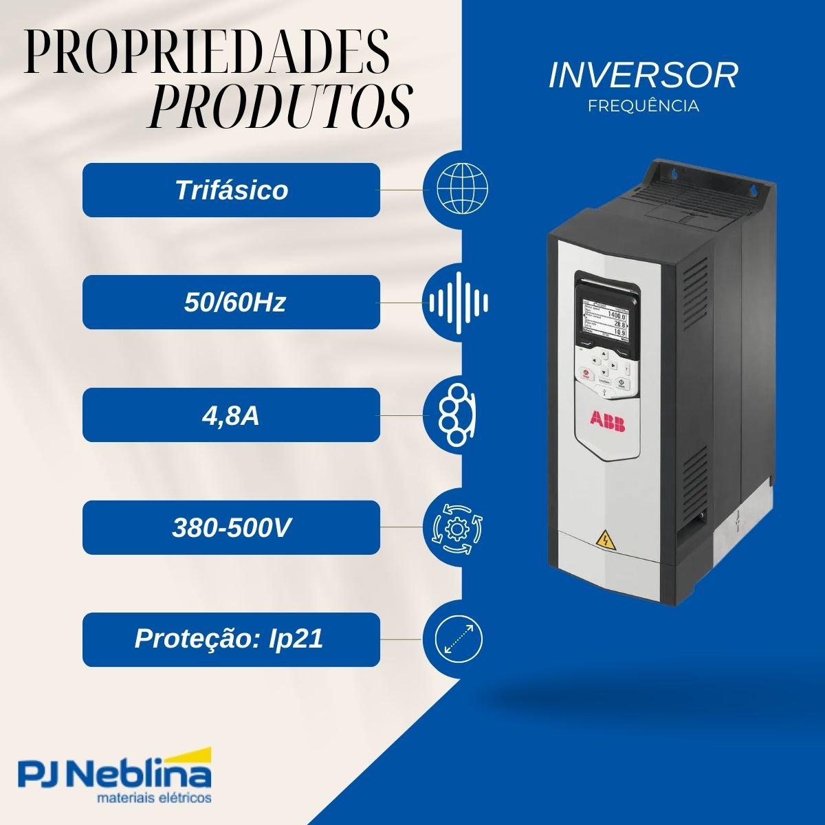 Inversor Frequência Trifásico 380-500V 50/60Hz 4,8A 2,2Kw - Abb