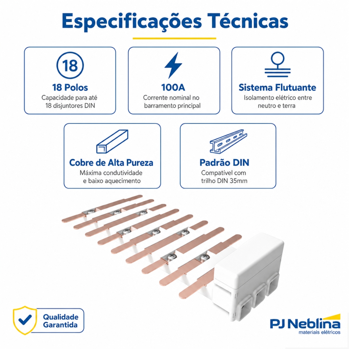 Barramento Neutro/Terra Bifásico Flutuante 18 Polos 100A Disjuntor Din - Brum