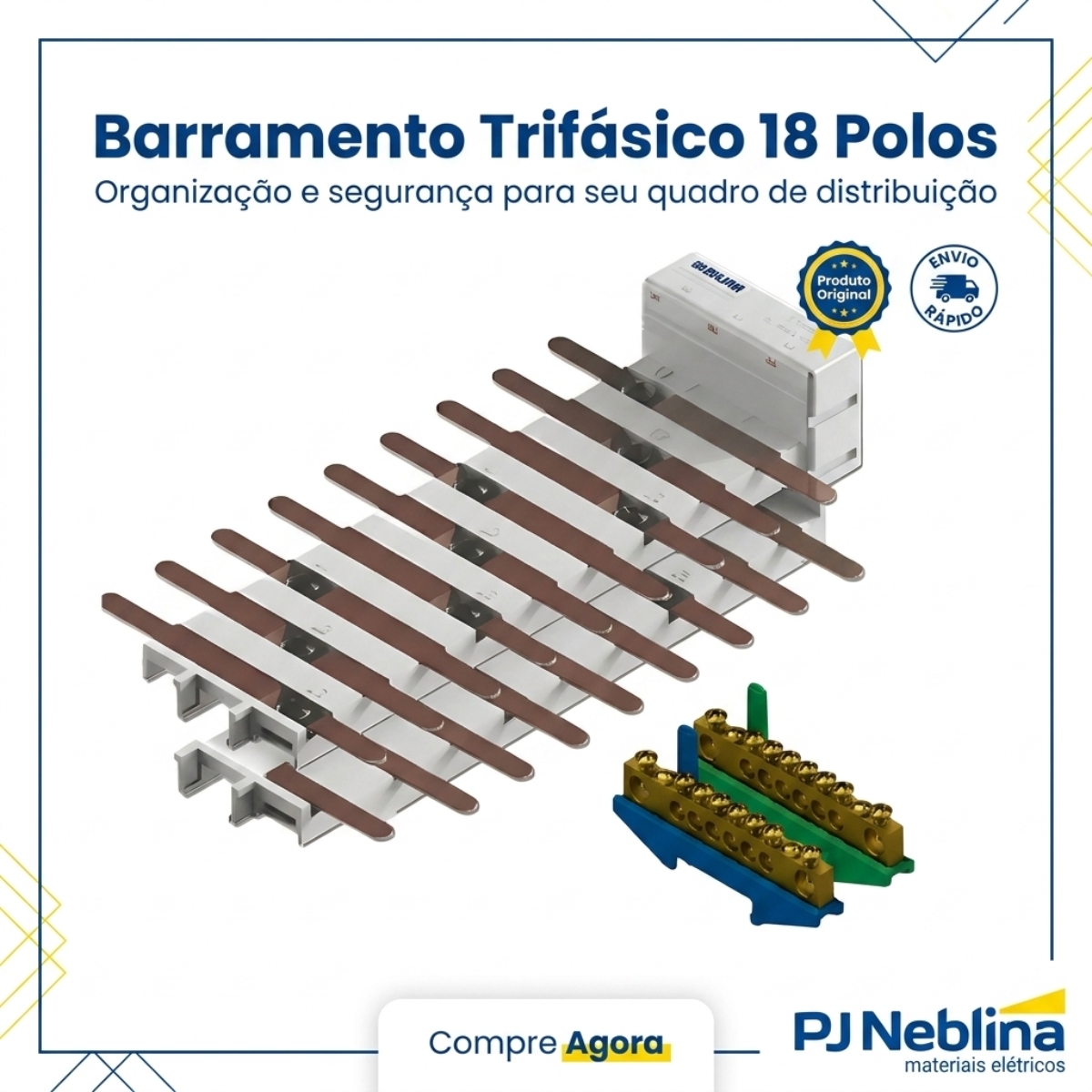 Barramento Neutro/Terra Trifásico Flutuante 18 Polos 100A Disjuntor Din - Brum