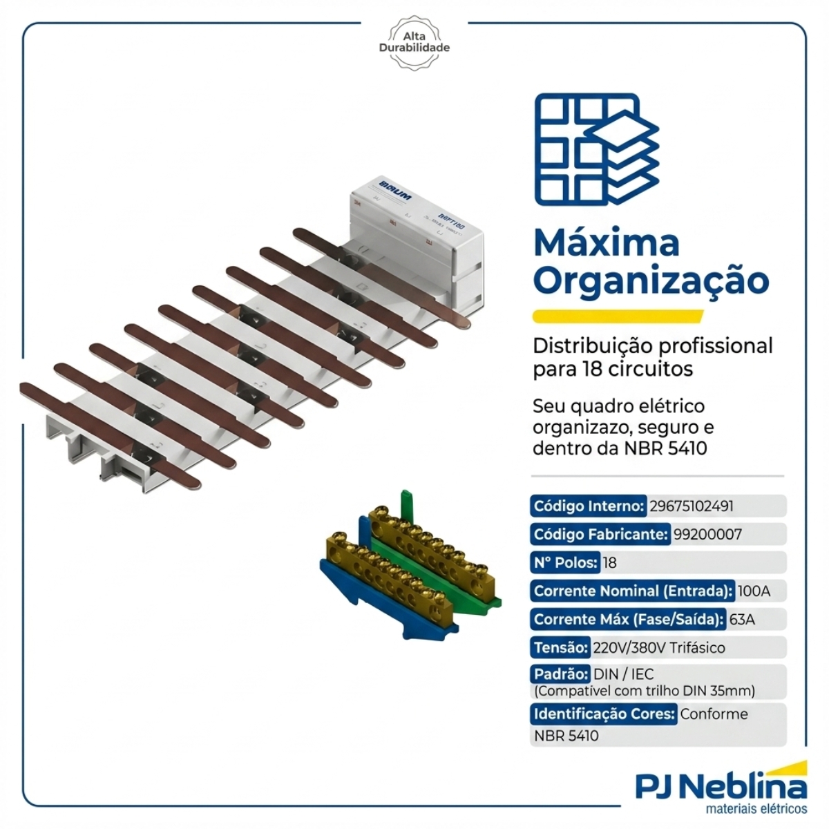 Barramento Neutro/Terra Trifásico Flutuante 18 Polos 100A Disjuntor Din - Brum