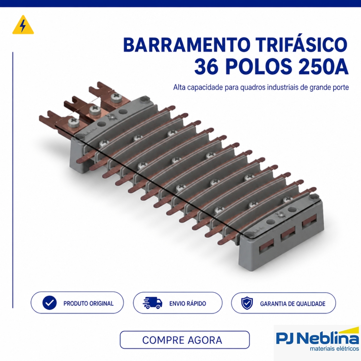 Barramento Neutro/Terra Trifásico Flutuante 36 Polos 250A Disjuntor Din C/Trilho - Brum