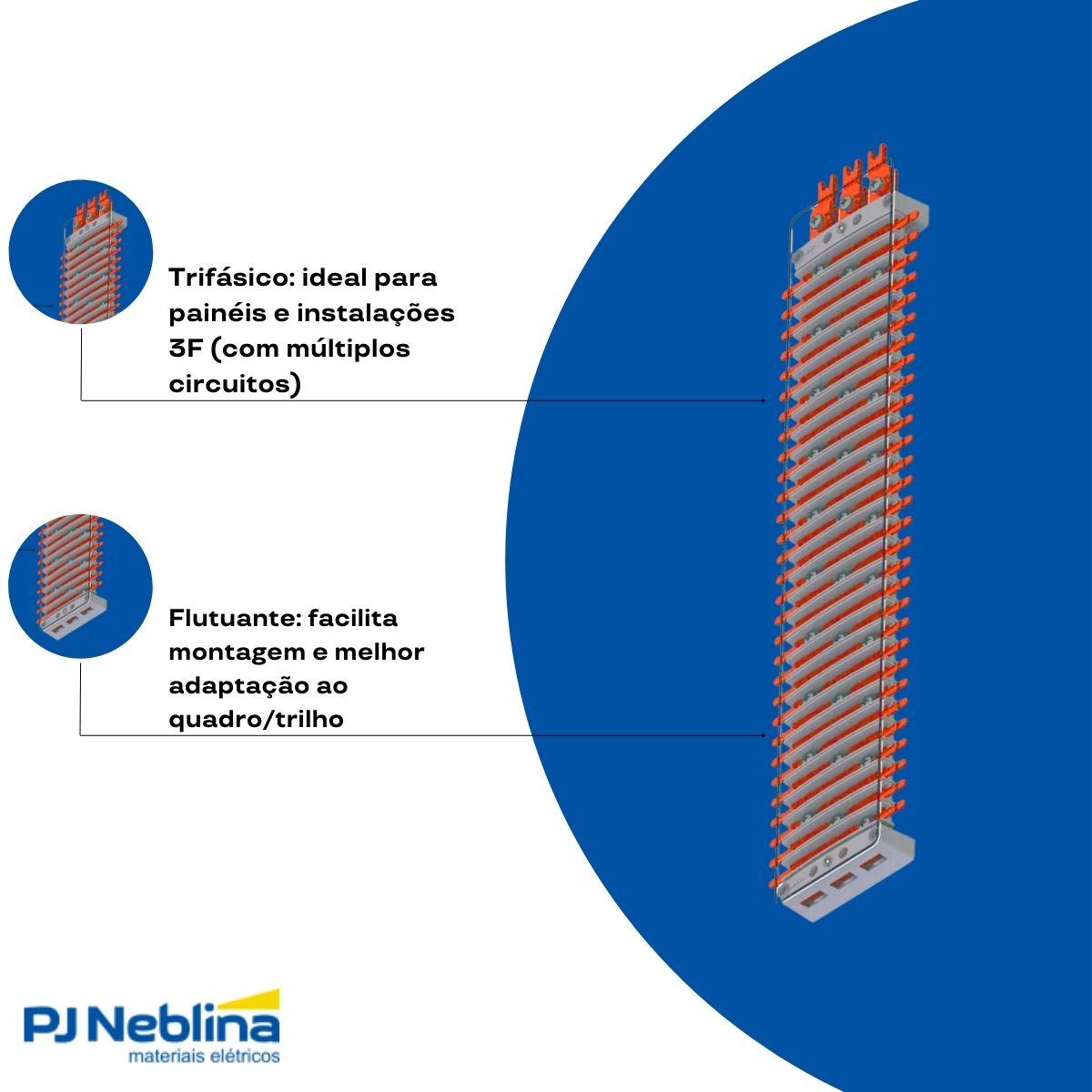 Barramento Neutro/Terra Trifásico Flutuante 48 Polos 250A Disjuntor Din C/Trilho - Brum