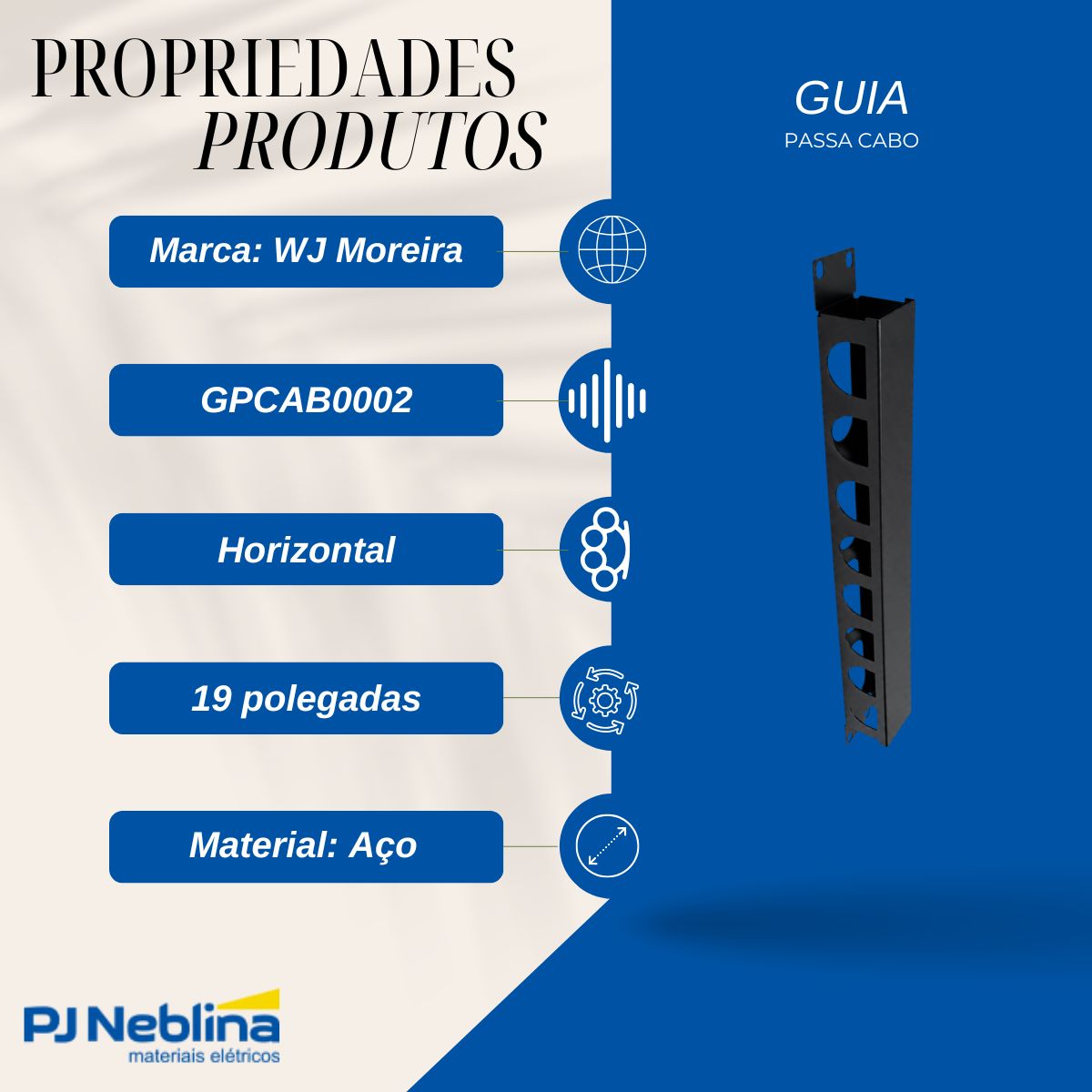 Guia Passa Cabo 1U 19Pol X 50 mm Preto Texturizado - Wj Moreira