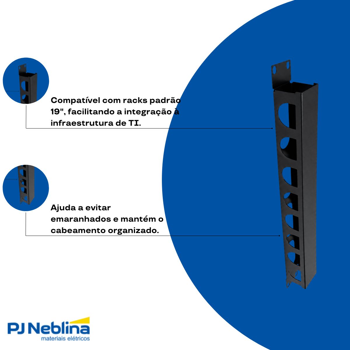Guia Passa Cabo 1U 19Pol X 50 mm Preto Texturizado - Wj Moreira