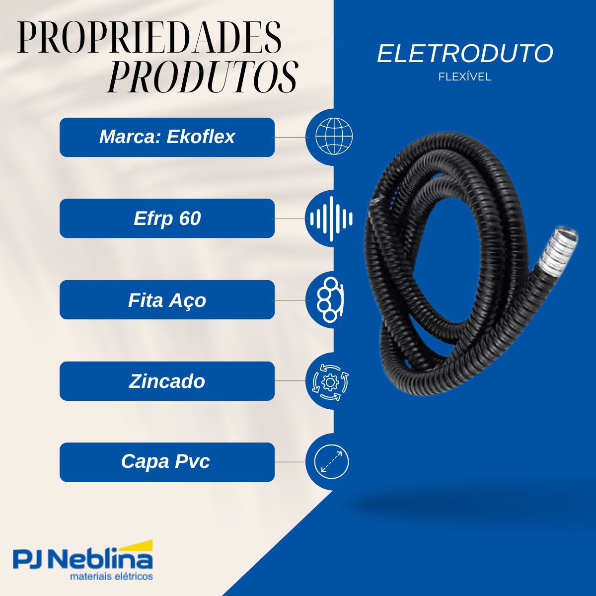 Eletroduto Flexível Fita Aço Espiral Zincado 1.1/2 Capa Pvc Preto 60G (Rl C/30M) - Ekoflex