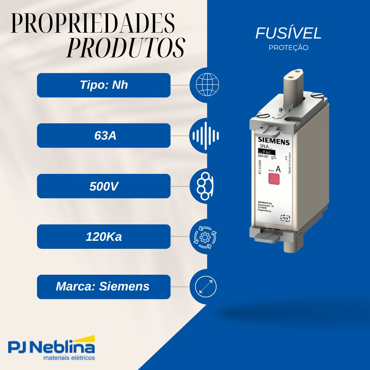 Fusível Nh Hrc Retardado Gg/Gl 63A 500V 120Ka T-000 Indicador Combinado - Siemens