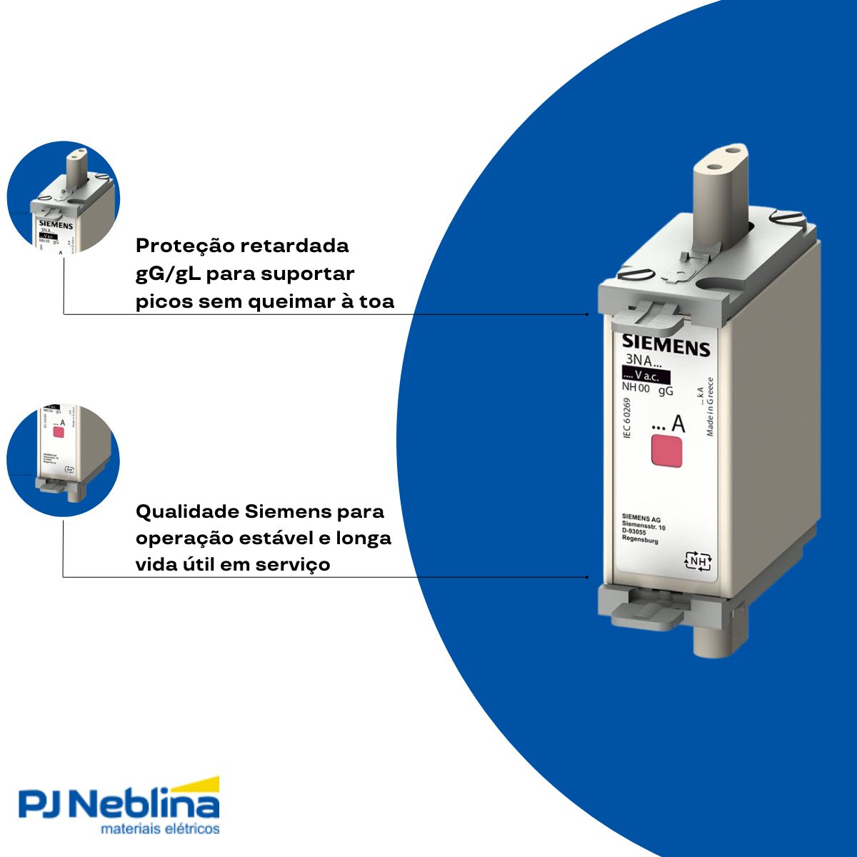 Fusível Nh Hrc Retardado Gg/Gl 63A 500V 120Ka T-000 Indicador Combinado - Siemens