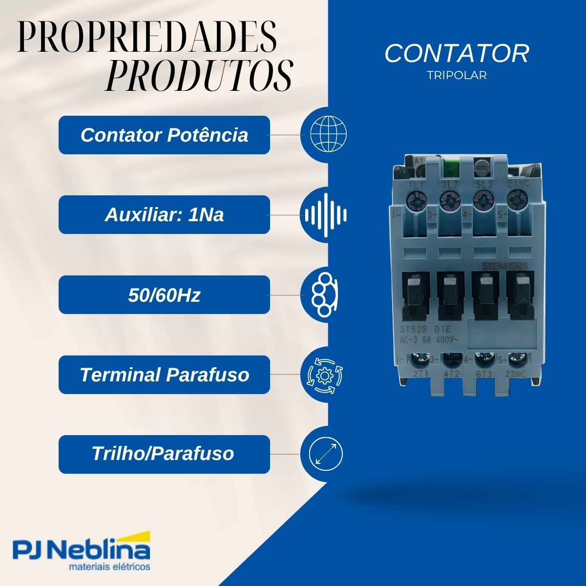 Contator Potência Tripolar 6A 24V 1Na 50/60Hz - Siemens