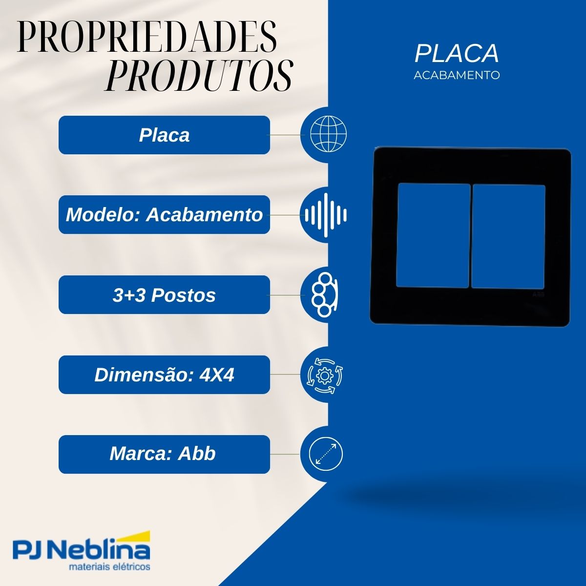 Placa Acabamento 4X4 (6 Mod) 3+3 Postos Preto Unno Life - Abb