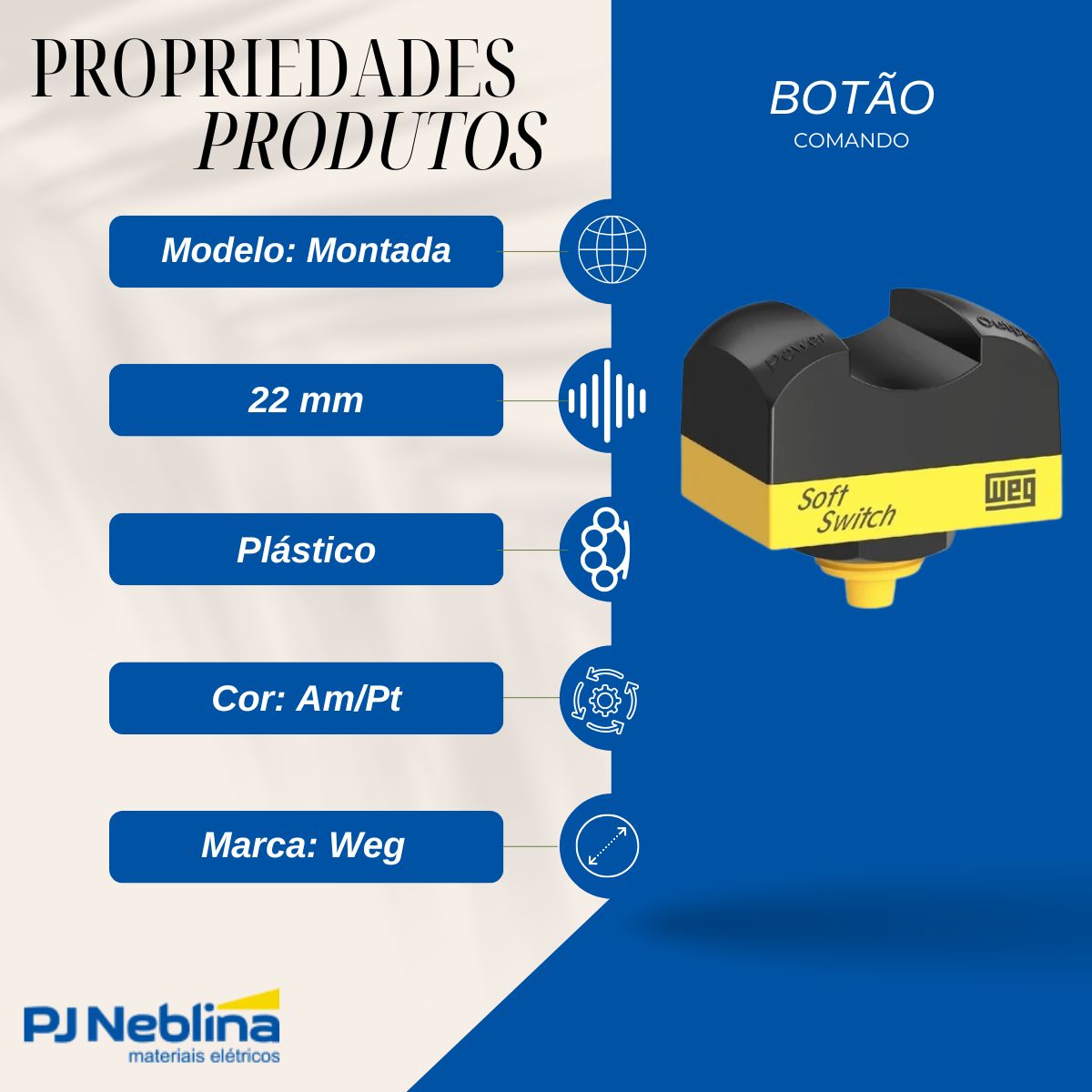 Botoeira Comando Eletrônica Montada 22 mm 1 Botão Comando Plástico Amarelo/Preto 1Na - Weg