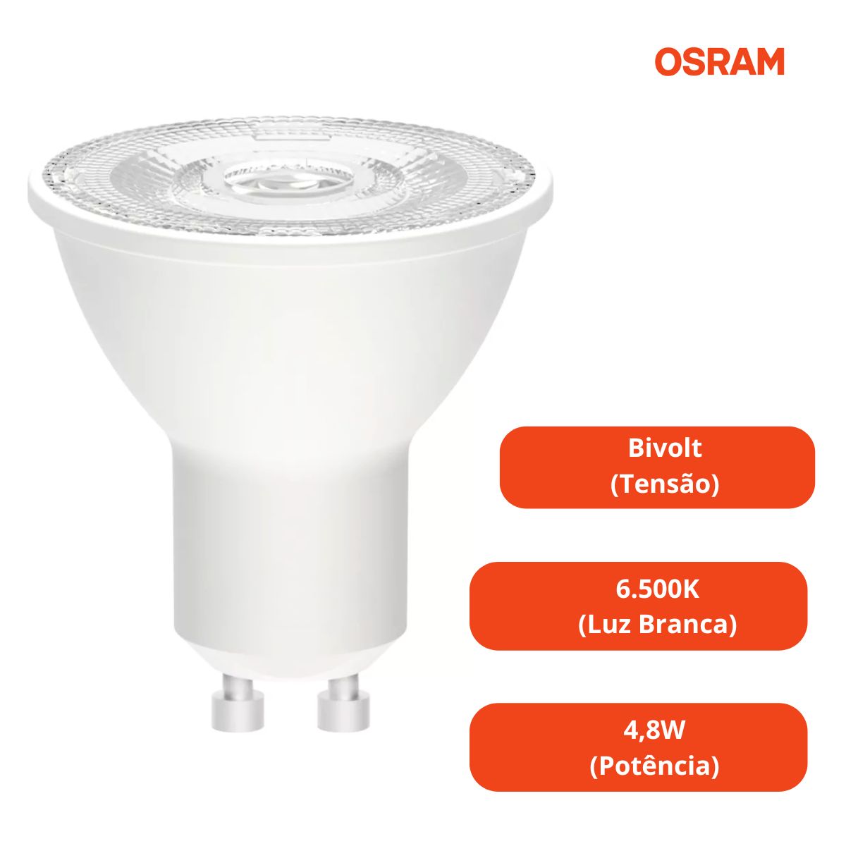 Lâmpada Led Dicroica Mr16 4,8W Bivolt Gu10 6500K Luz Branca 350Lm 36G 7014417 - Osram