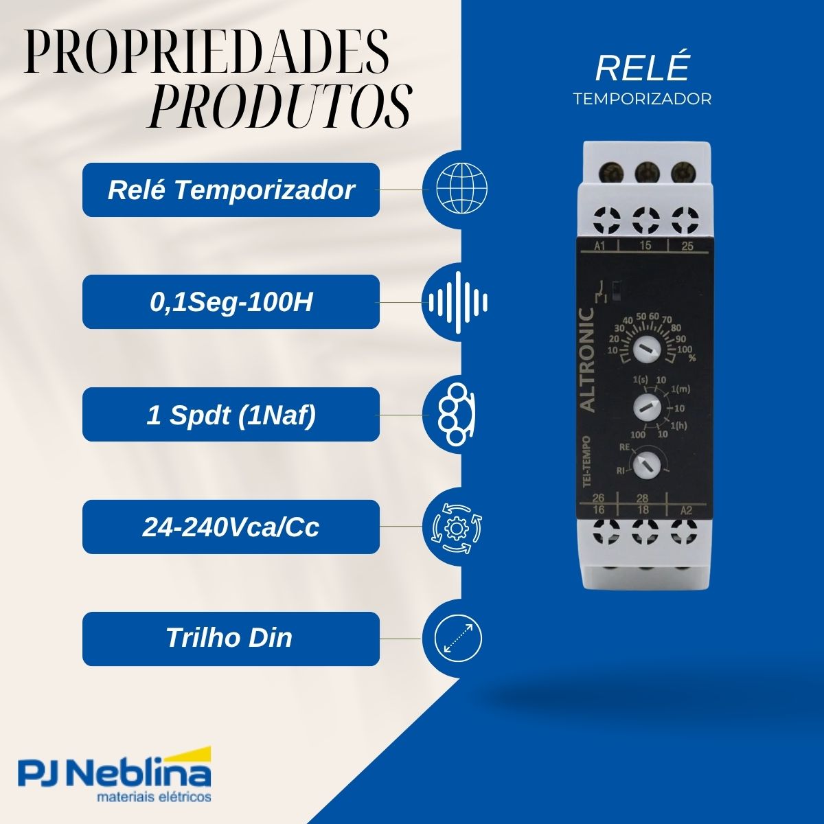 Relé Temporizador Eletrônico Retardo/Pulso Energização 0,1Seg-100H 1 Spdt (1Naf) 24-240Vca/Cc - Altronic
