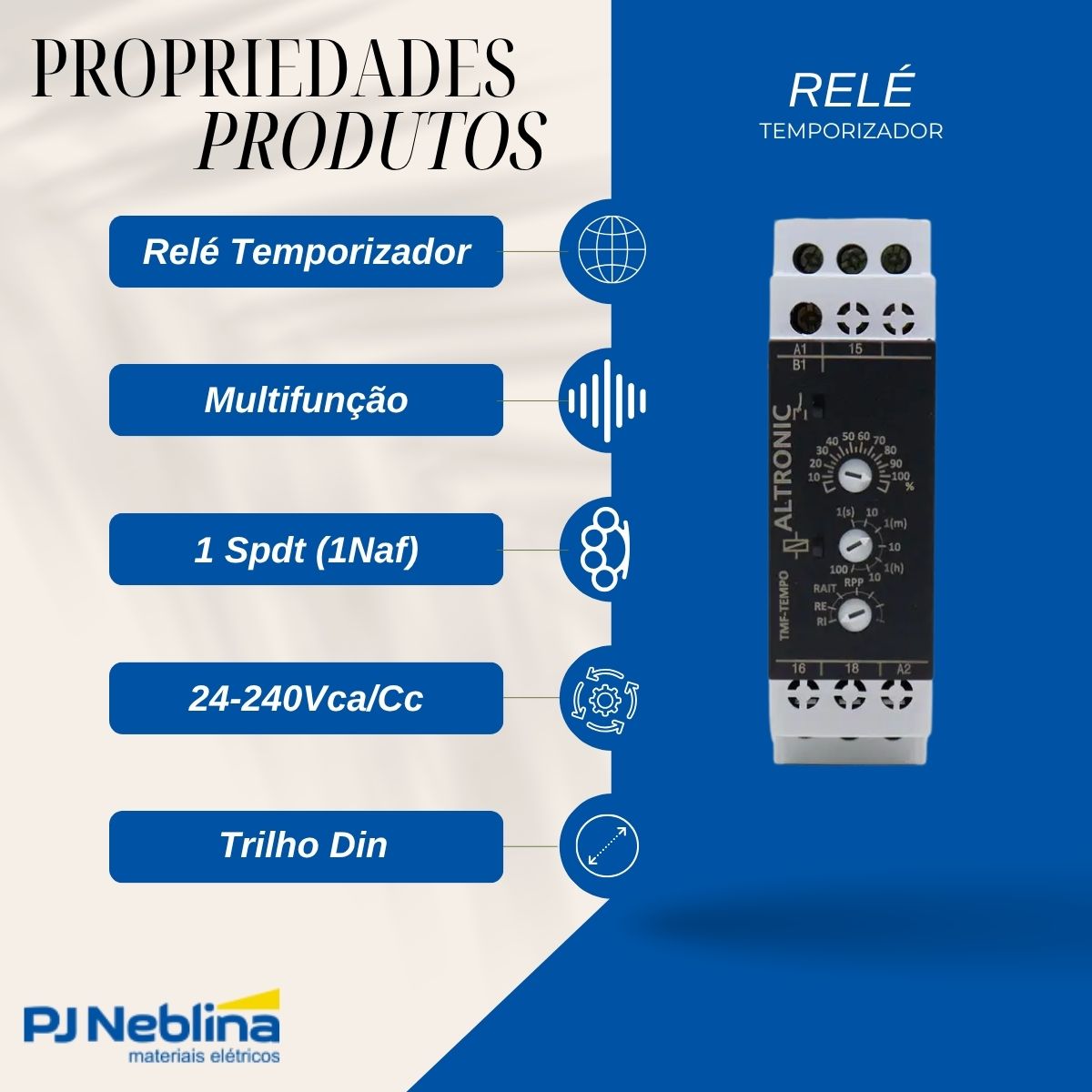 Relé Temporizador Eletrônico Multifunção 0,1Seg-100H 1 Spdt (1Naf) 24-240Vca/Cc - Altronic