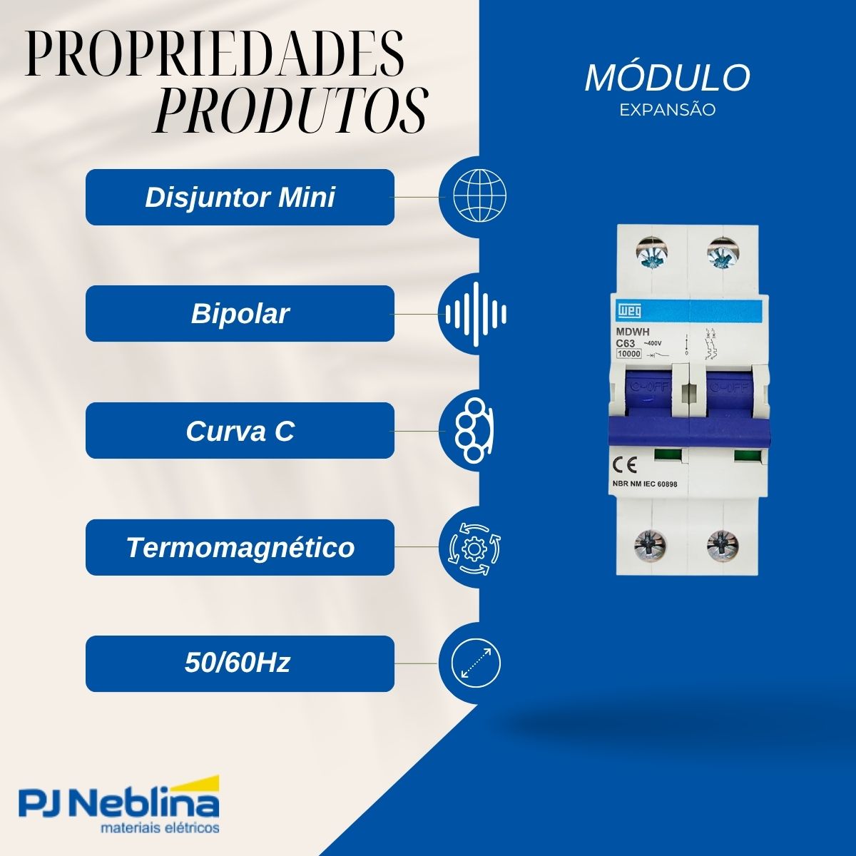 Disjuntor Mini Din Bipolar 63A Curva C 10Ka 230/400V - Weg