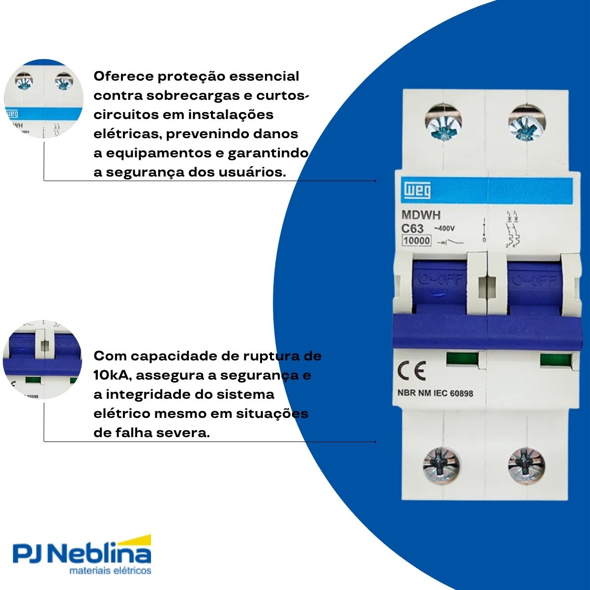 Disjuntor Mini Din Bipolar 63A Curva C 10Ka 230/400V - Weg