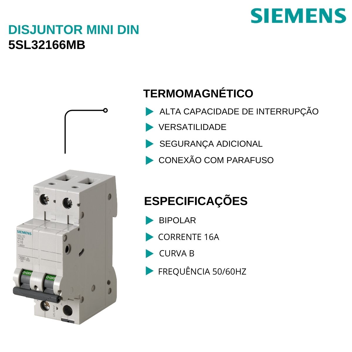 Disjuntor Mini Din Bipolar 16A Curva B 4,5Ka 220/380V 5SL32166MB - Siemens