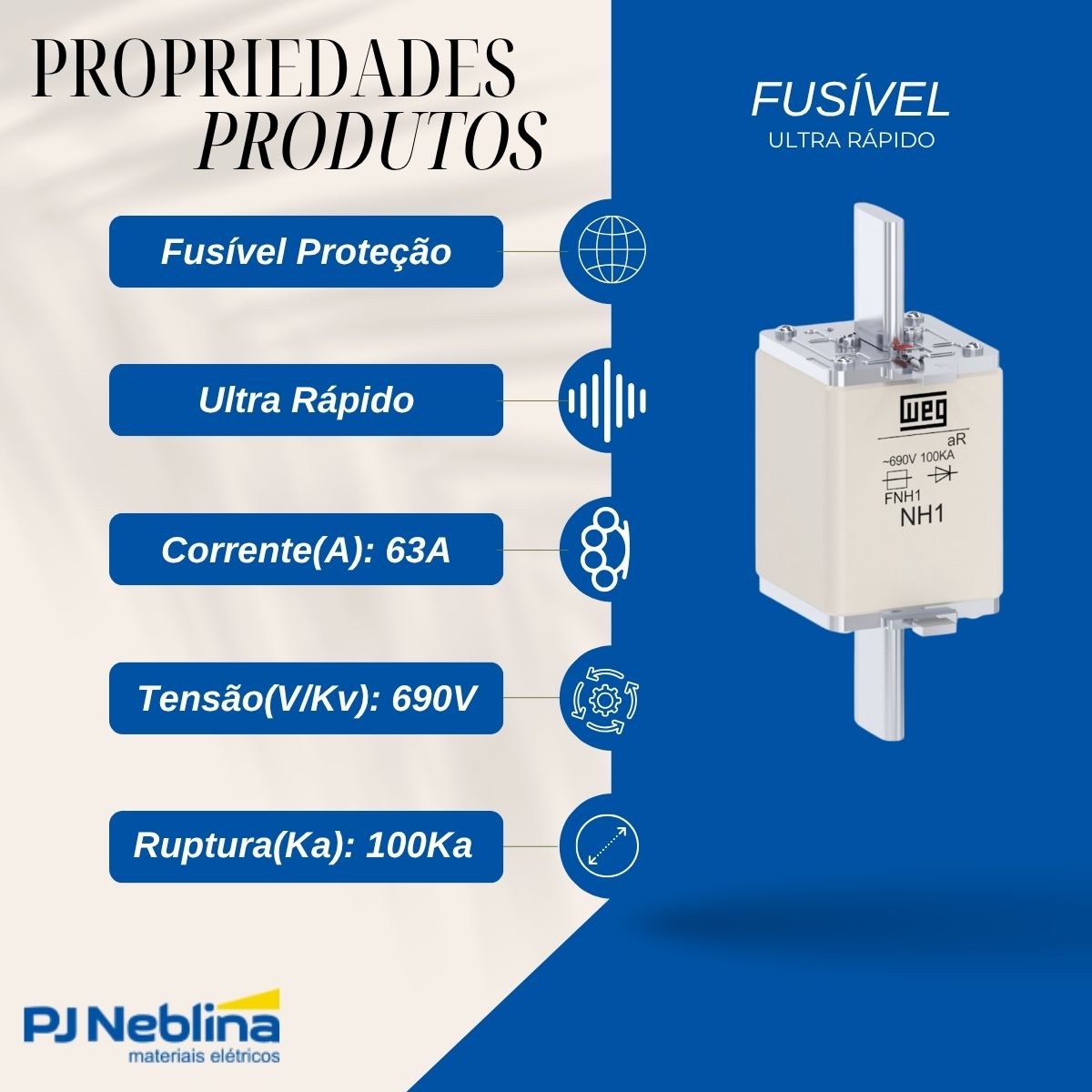 Fusível Nh Ultra Rápido Ar 63A 690V 100Ka T-1 - Weg