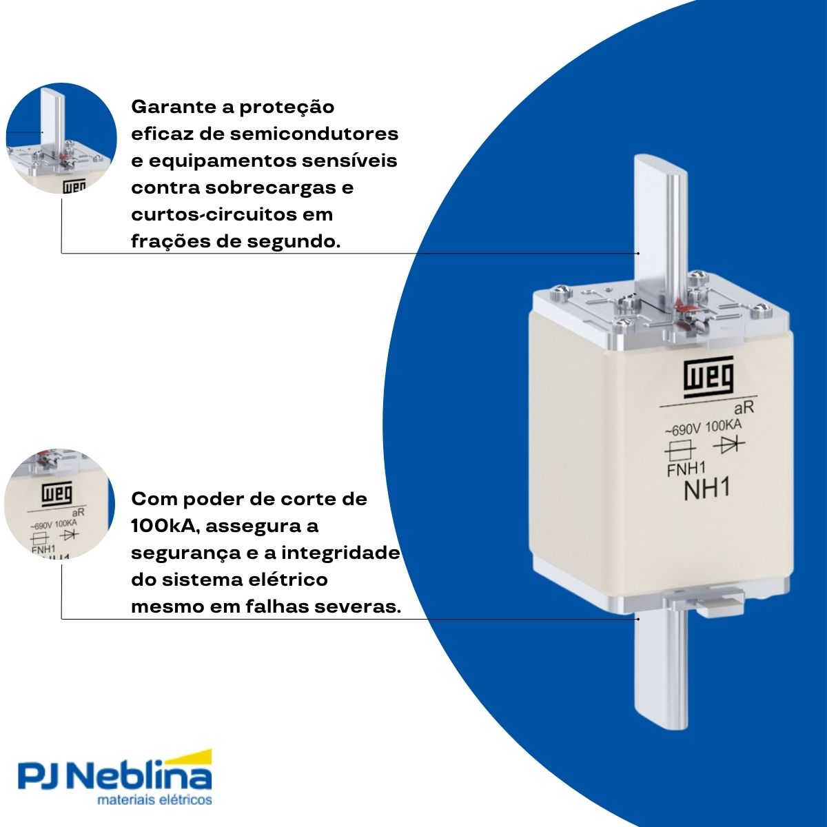 Fusível Nh Ultra Rápido Ar 63A 690V 100Ka T-1 - Weg