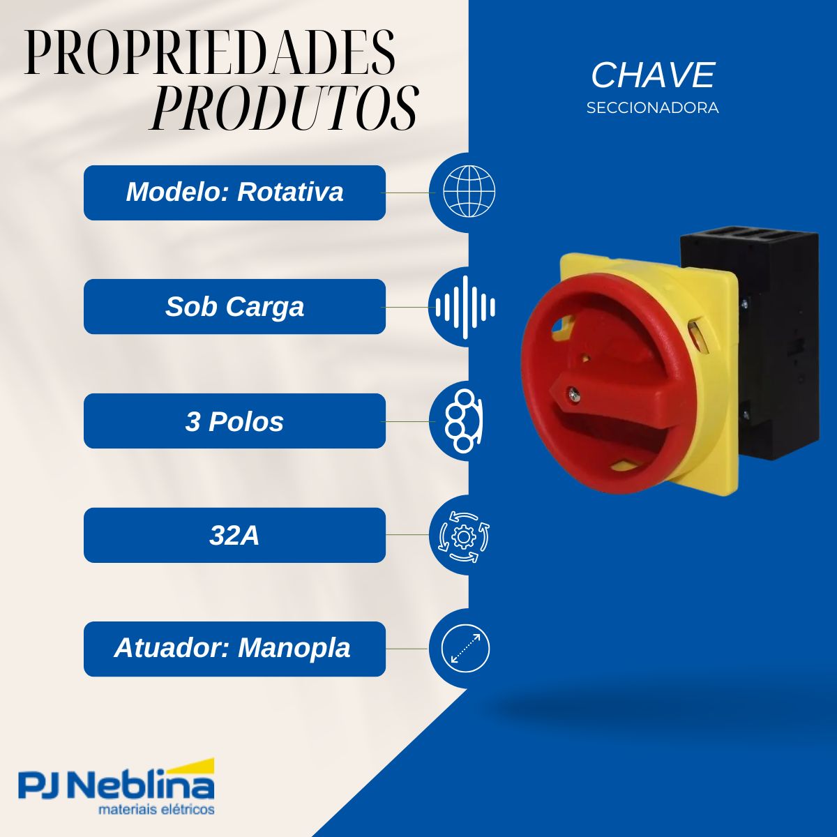 Chave Seccionadora Rotativa Sob Carga 3 Polos 32A Topo Manopla Vm/Am C/Trava Cadeado - Metaltex