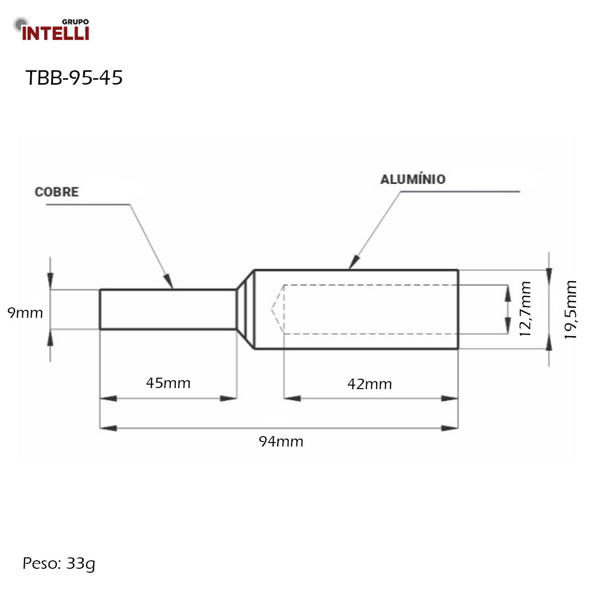 Terminal Borne Maciço Bimetálico 95Mm Furo 12,7Mm 71642 Intelli