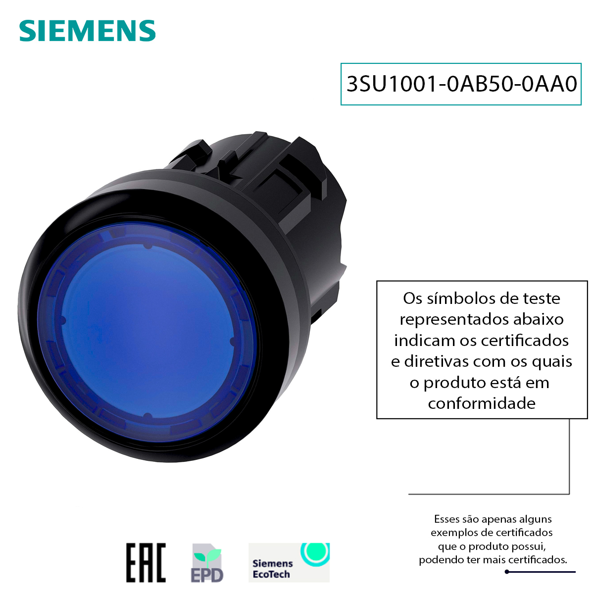 Botão Comando Pulsador Faceado Iluminado Redondo 22mm Plástico Azul 3SU10010AB500AA0 - Siemens