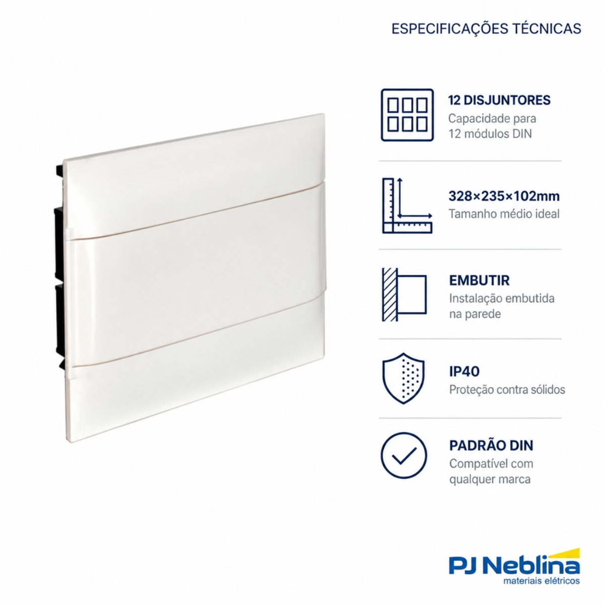 Quadro Distribuição Embutir 328X235X102Mm 12 Disjuntores Branco 135001 - Cemar