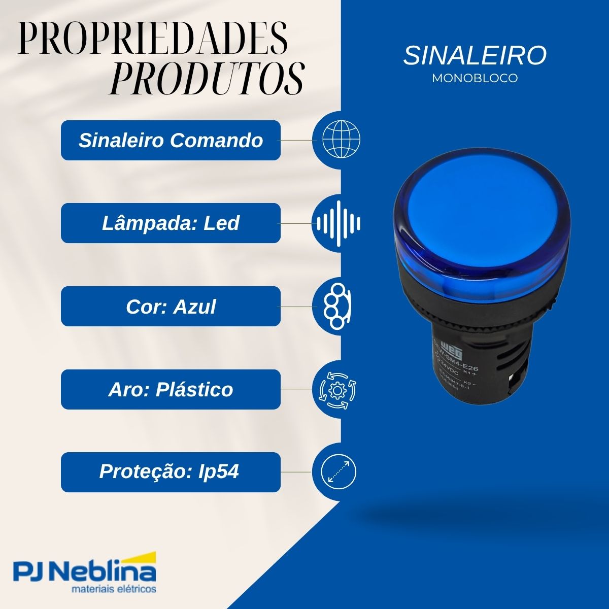 Sinaleiro Monobloco Faceado Redondo 22 mm 24Vca/Cc Plástico Led Azul Plástico Preto Ip54 - Weg