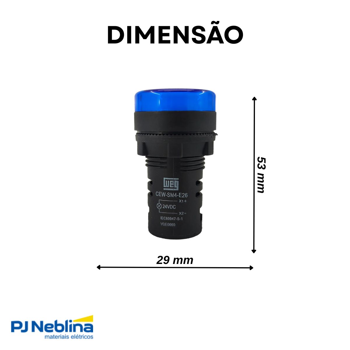 Sinaleiro Monobloco Faceado Redondo 22 mm 24Vca/Cc Plástico Led Azul Plástico Preto Ip54 - Weg