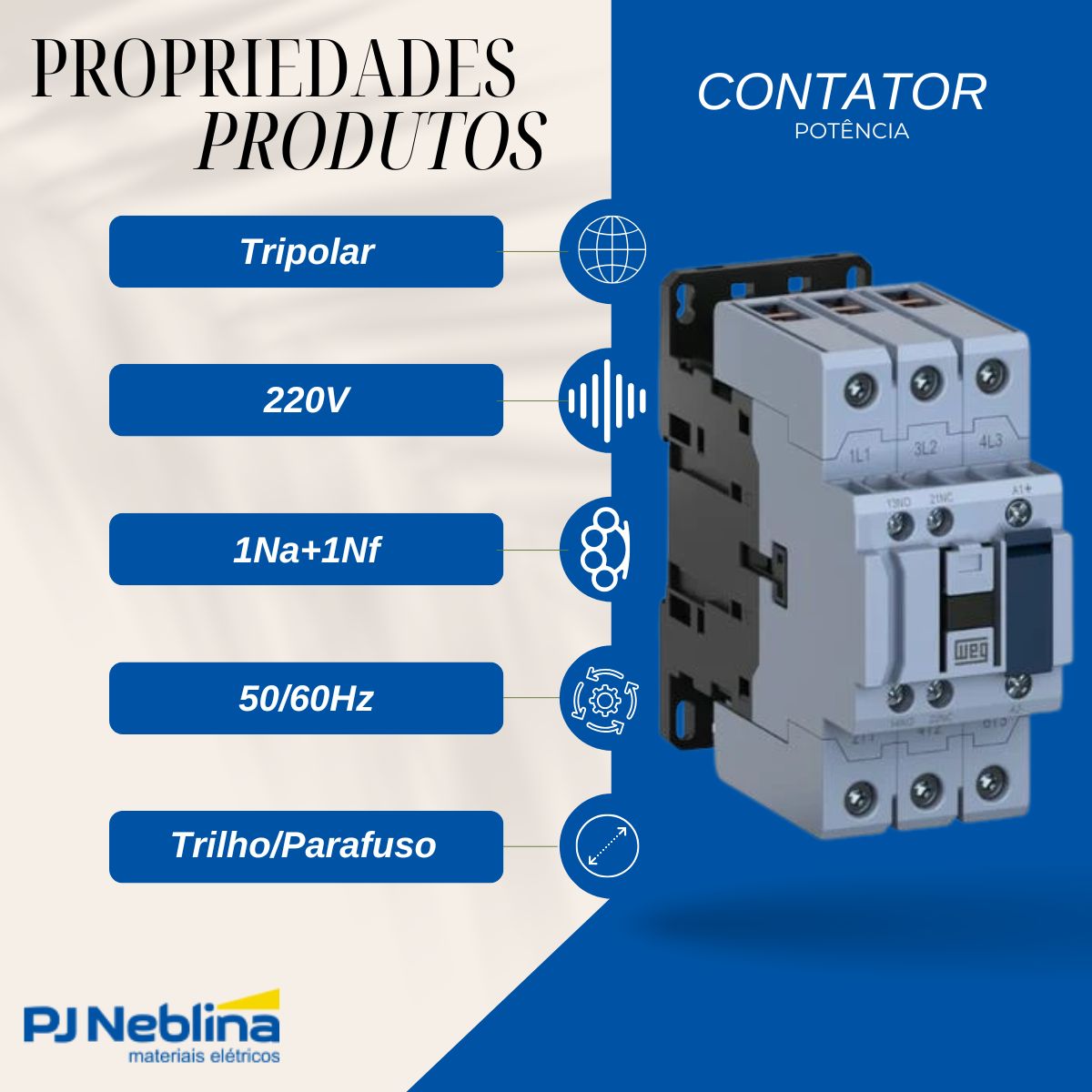 Contator Potência Tripolar 50A 220V 1Na+1Nf 50/60Hz - Weg